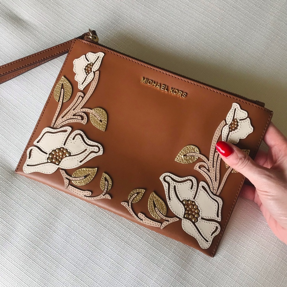 Michael Kors MK Flower Appliqué Embroidered Large Leather Wristlet Zipper Pouch